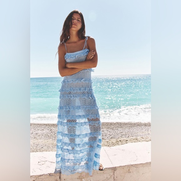 ZARA RUFFLED POINTELLE KNIT DRESS - Picture 2 of 10